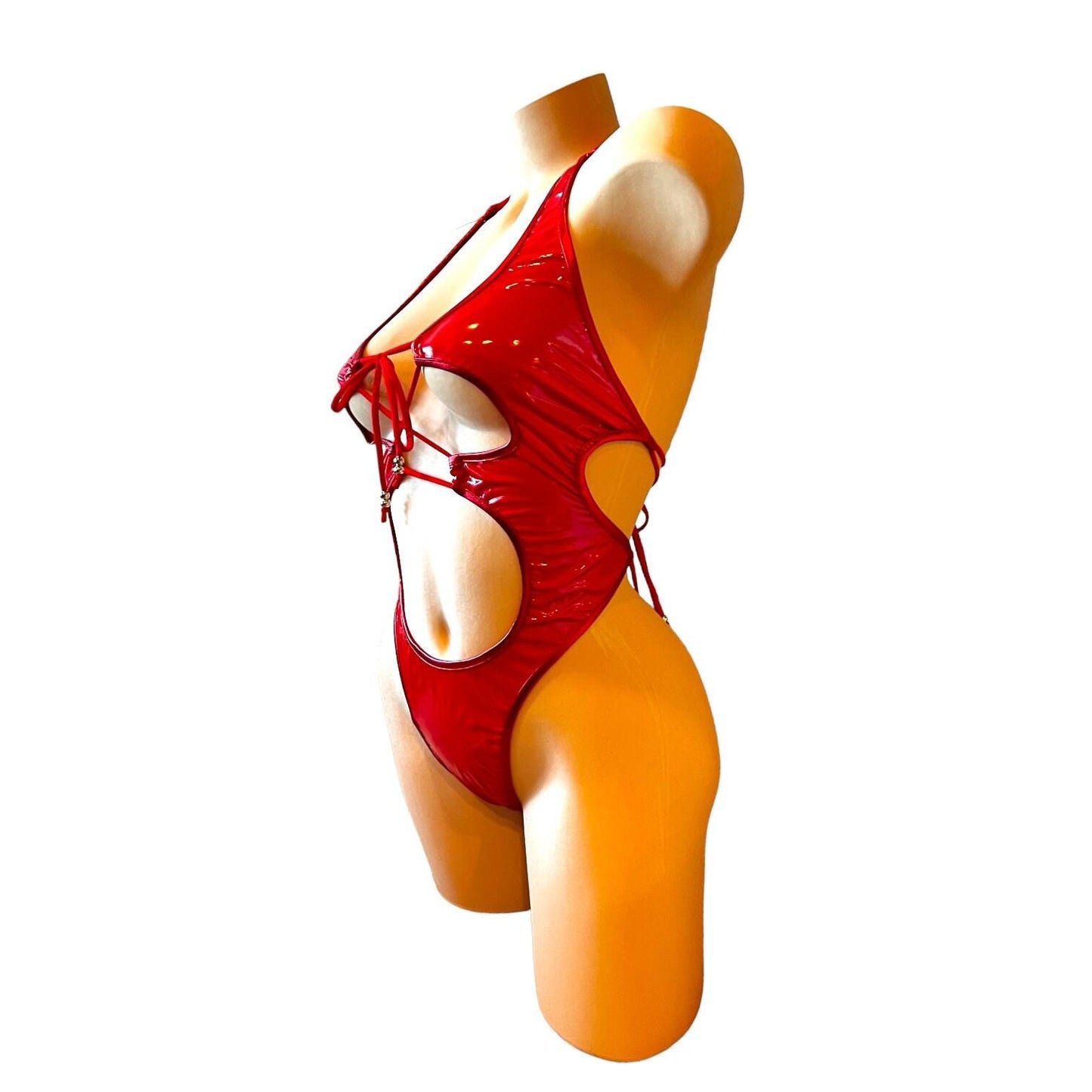 Nova - Red Latex Look Vinyl Patent Lace Up Cutout Monokini - EXOTIC DANCEWEAR