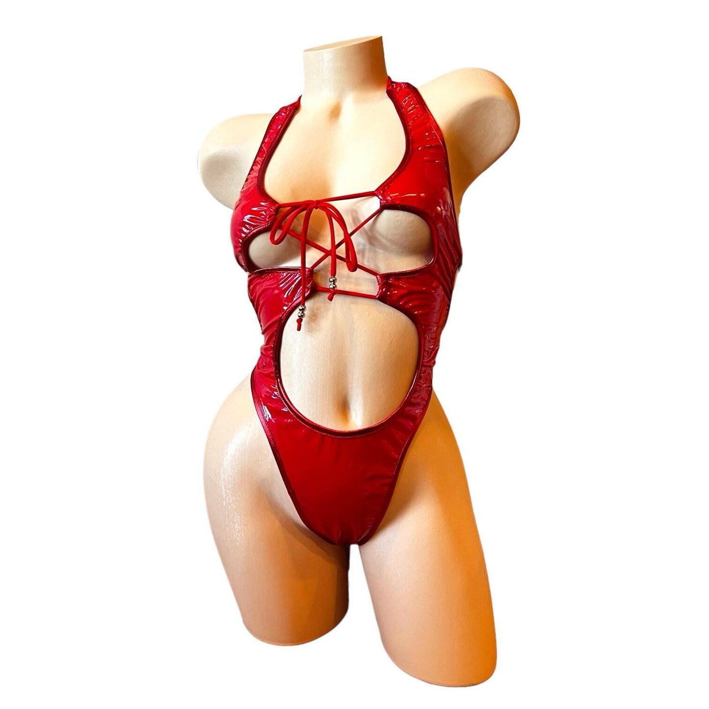Nova - Red Latex Look Vinyl Patent Lace Up Cutout Monokini - EXOTIC DANCEWEAR