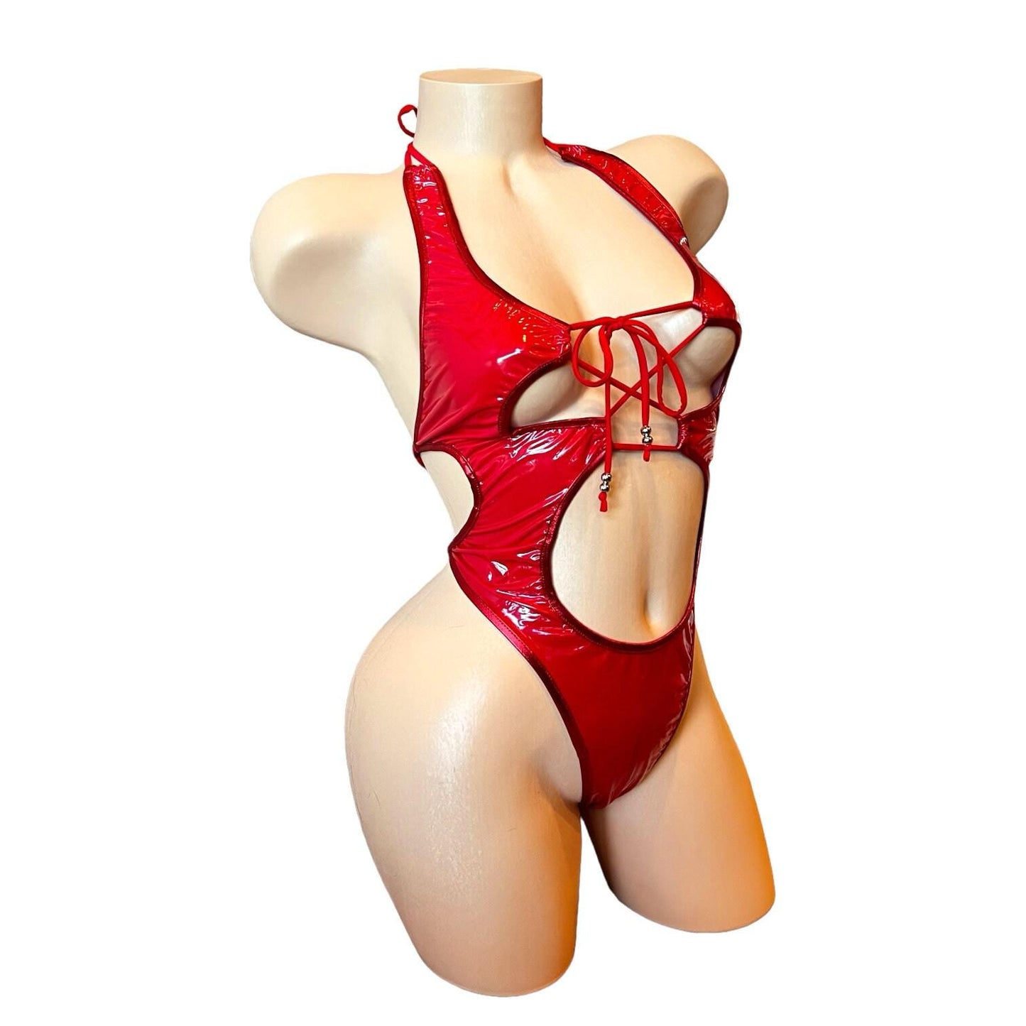 Nova - Red Latex Look Vinyl Patent Lace Up Cutout Monokini - EXOTIC DANCEWEAR