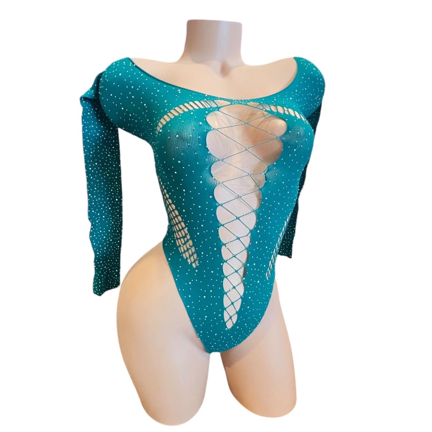Emerald Green Rhinestoned Fishnet Bodysuit with Cutouts - EXOTIC DANCEWEAR