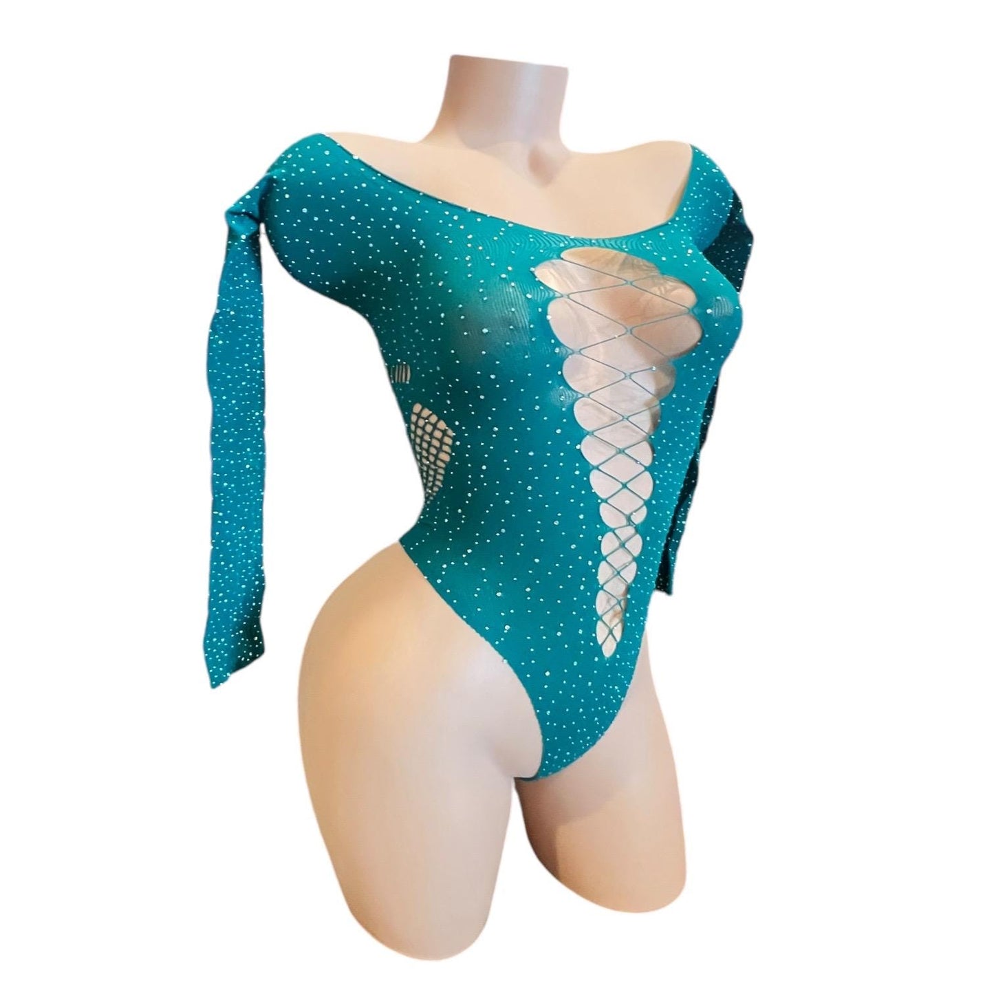 Emerald Green Rhinestoned Fishnet Bodysuit with Cutouts - EXOTIC DANCEWEAR
