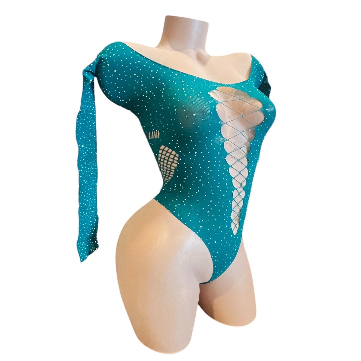 Emerald Green Rhinestoned Fishnet Bodysuit with Cutouts - EXOTIC DANCEWEAR