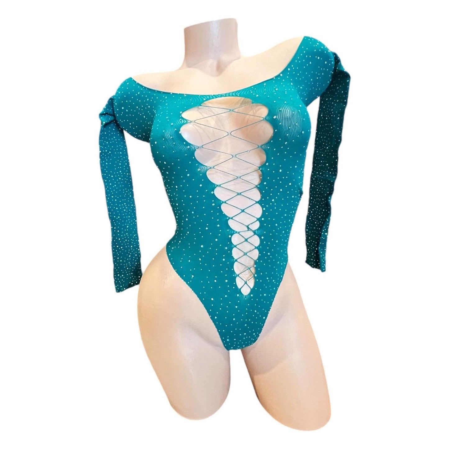 Emerald Green Rhinestoned Fishnet Bodysuit with Cutouts - EXOTIC DANCEWEAR
