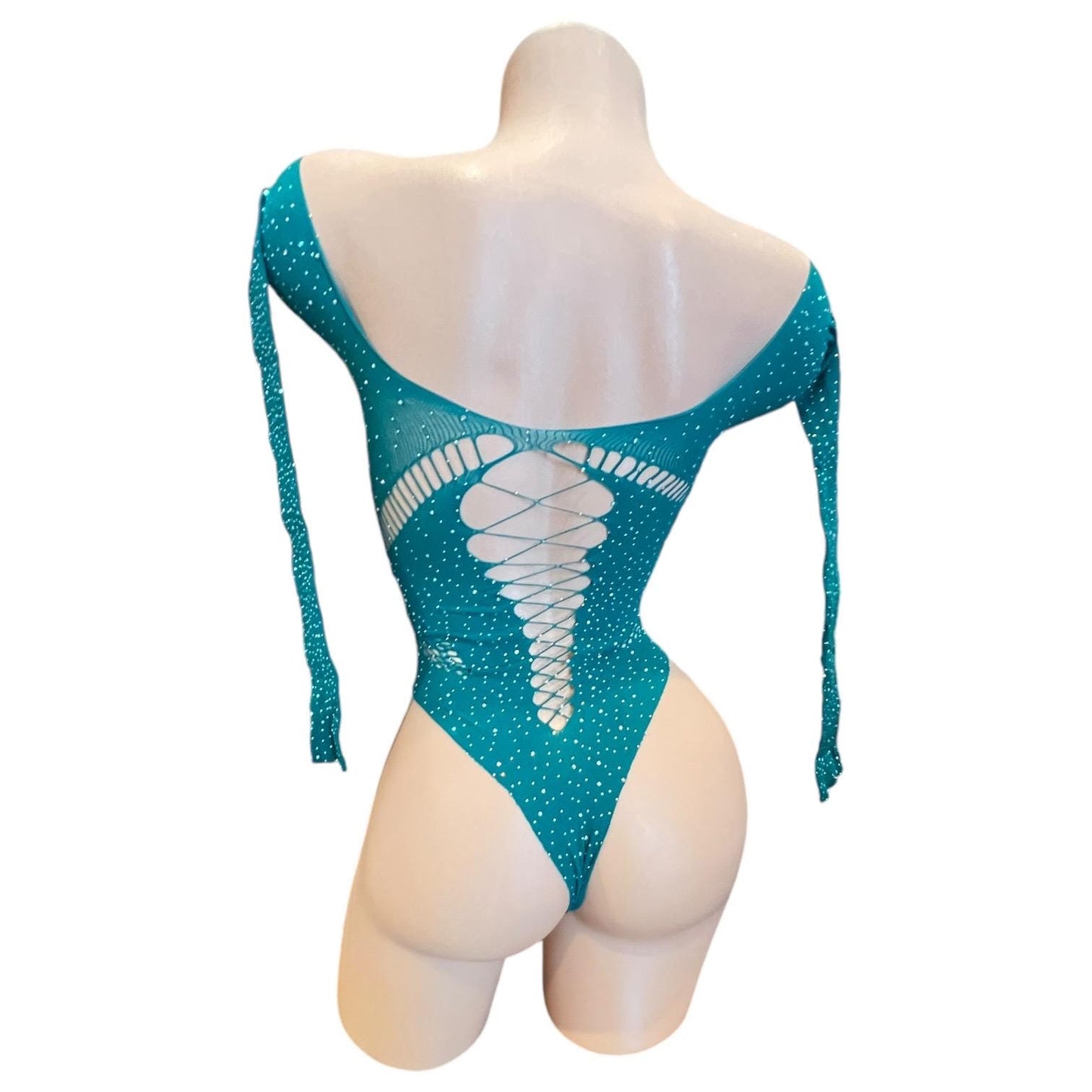 Emerald Green Rhinestoned Fishnet Bodysuit with Cutouts - EXOTIC DANCEWEAR