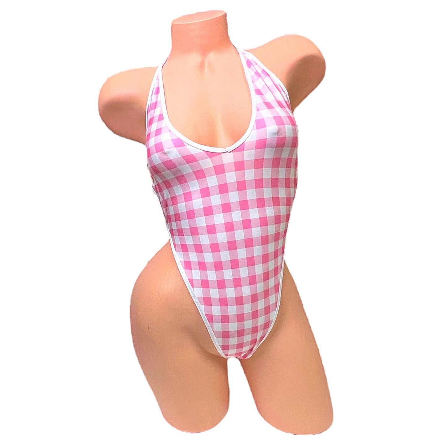 Baby Pink + White Gingham Thong Lace Up Back One Piece - EXOTIC DANCEWEAR