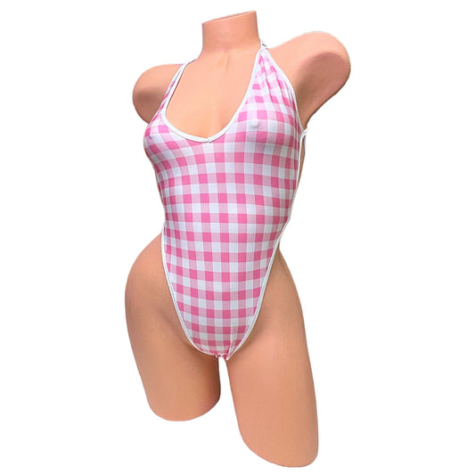 Baby Pink + White Gingham Thong Lace Up Back One Piece - EXOTIC DANCEWEAR