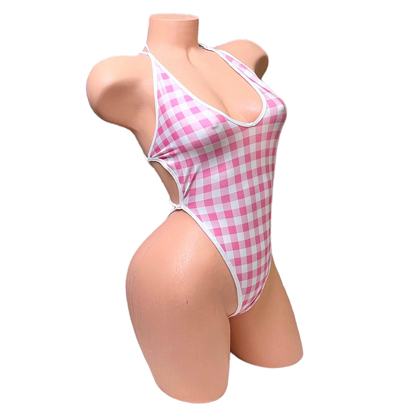 Baby Pink + White Gingham Thong Lace Up Back One Piece - EXOTIC DANCEWEAR