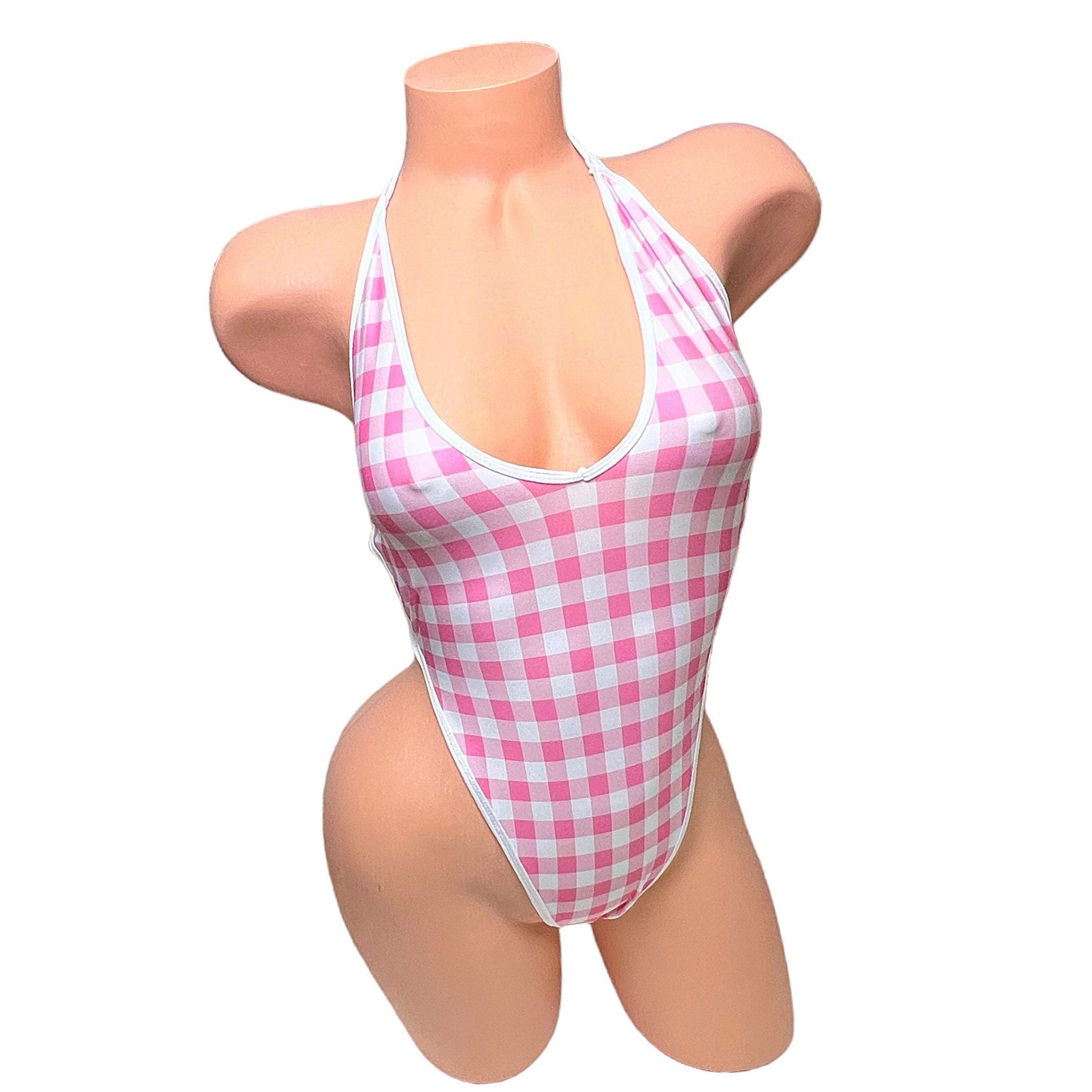 Baby Pink + White Gingham Thong Lace Up Back One Piece - EXOTIC DANCEWEAR