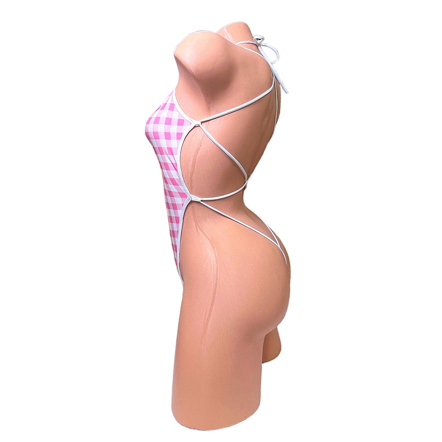 Baby Pink + White Gingham Thong Lace Up Back One Piece - EXOTIC DANCEWEAR