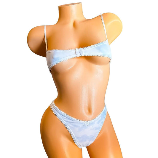 Baby Blue and White Clouds Thong Bikini with White Lace + Bow - EXOTIC Dancewear