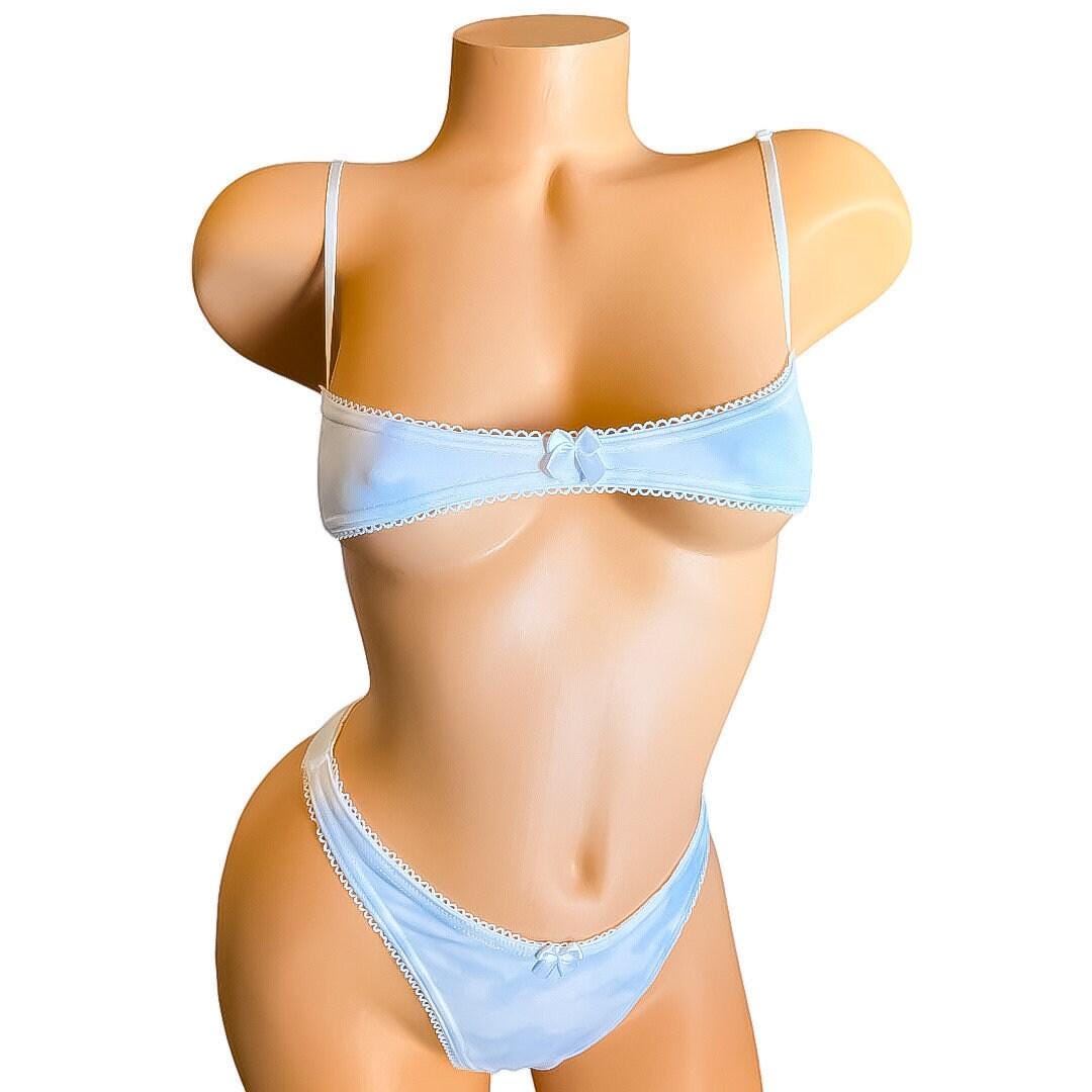 Baby Blue and White Clouds Thong Bikini with White Lace + Bow - EXOTIC Dancewear