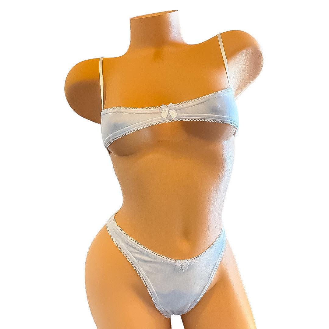 Baby Blue and White Clouds Thong Bikini with White Lace + Bow - EXOTIC Dancewear