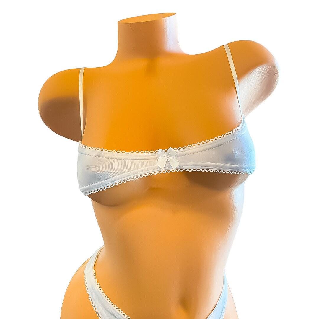 Baby Blue and White Clouds Thong Bikini with White Lace + Bow - EXOTIC Dancewear