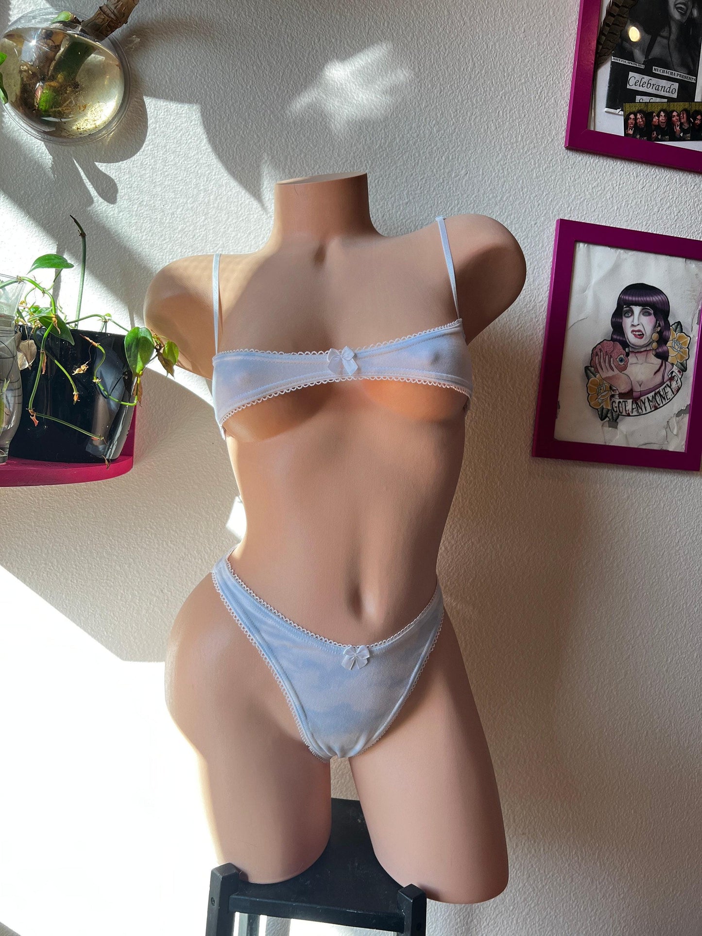Baby Blue and White Clouds Thong Bikini with White Lace + Bow - EXOTIC Dancewear