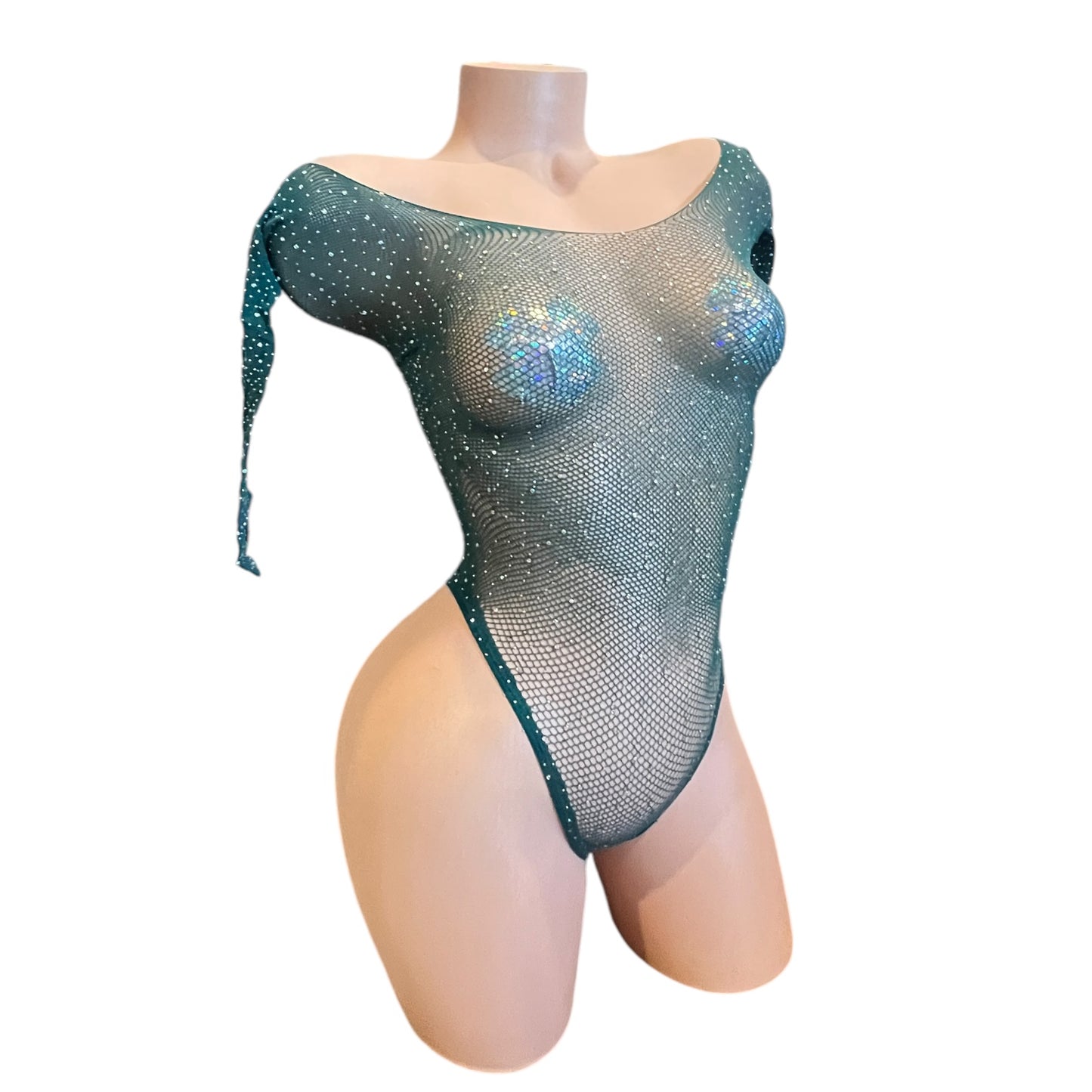 Hunter Green Rhinestoned Fishnet Bodysuit - EXOTIC DANCEWEAR