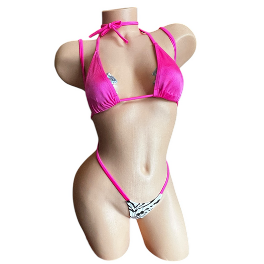 Hot Pink and Black + White Zebra Print Slingshot Microkini - EXOTIC DANCEWEAR