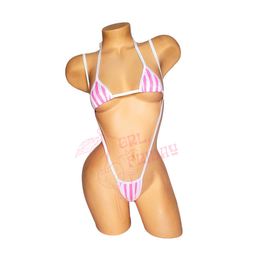 Pink + White Striped Micro Slingshot Bikini Set - EXOTIC DANCEWEAR