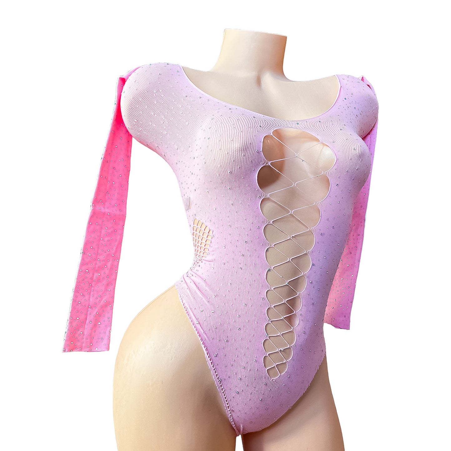 Pastel Pink Rhinestoned Fishnet Bodysuit with Cutouts - EXOTIC DANCEWEAR