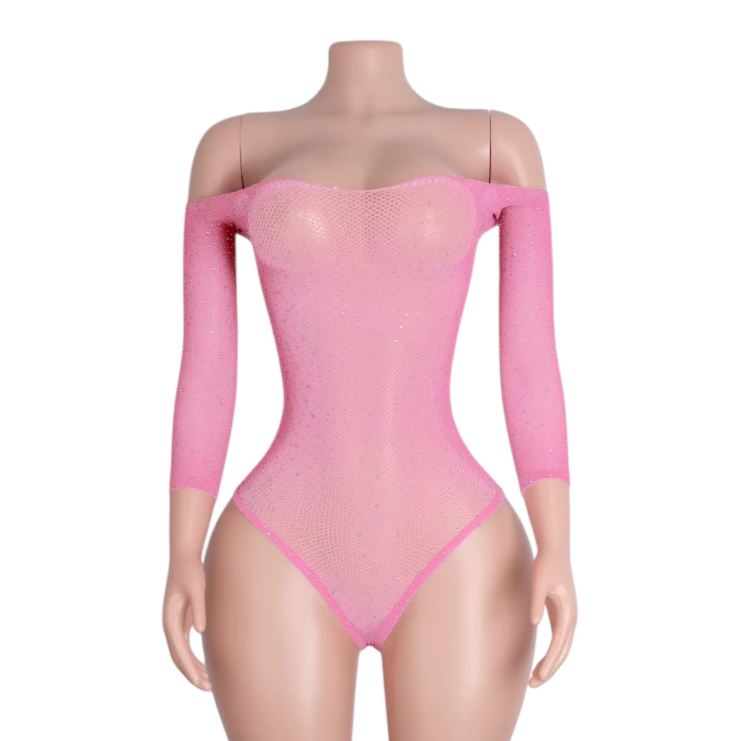Pastel Pink Rhinestoned Fishnet Bodysuit - EXOTIC DANCEWEAR