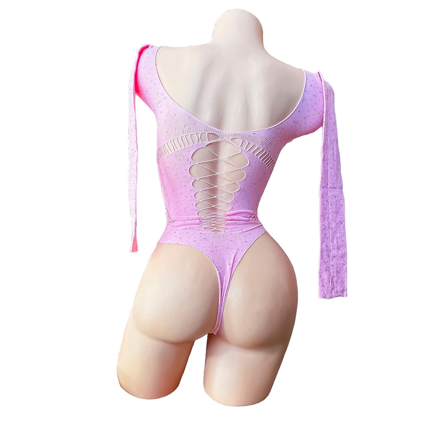 Pastel Pink Rhinestoned Fishnet Bodysuit with Cutouts - EXOTIC DANCEWEAR