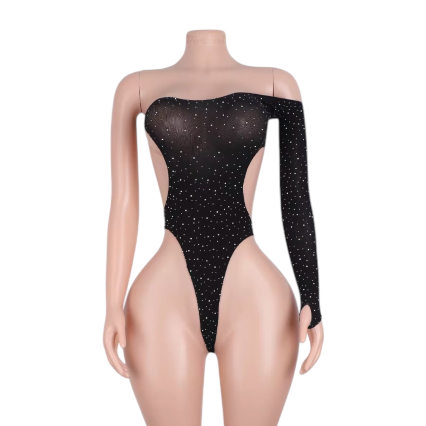 Black One Sleeve Cut out Rhinestoned Fishnet Bodysuit - EXOTIC DANCEWEAR