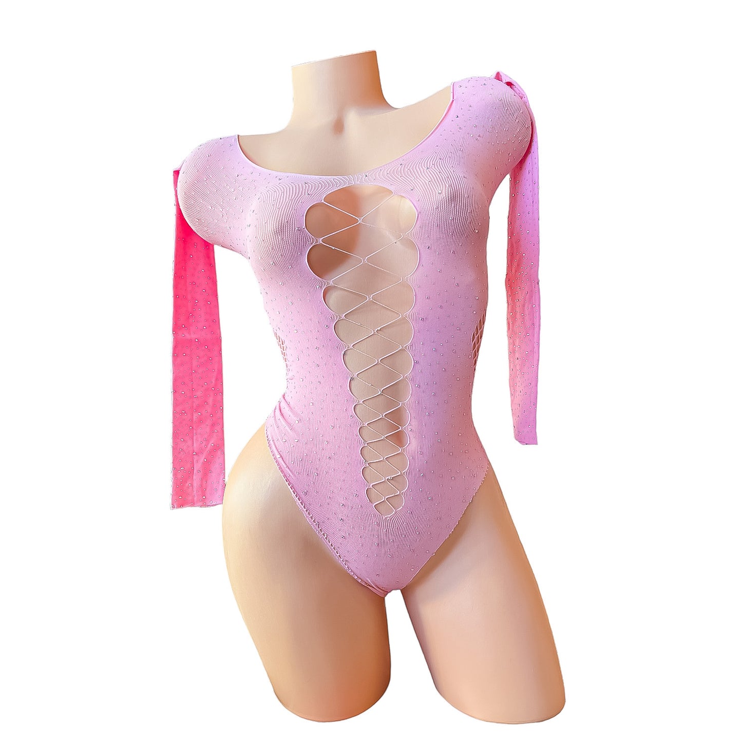 Pastel Pink Rhinestoned Fishnet Bodysuit with Cutouts - EXOTIC DANCEWEAR