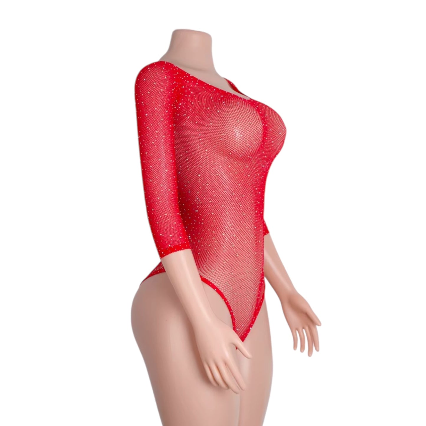 Cherry Red Rhinestoned Fishnet Bodysuit - EXOTIC DANCEWEAR