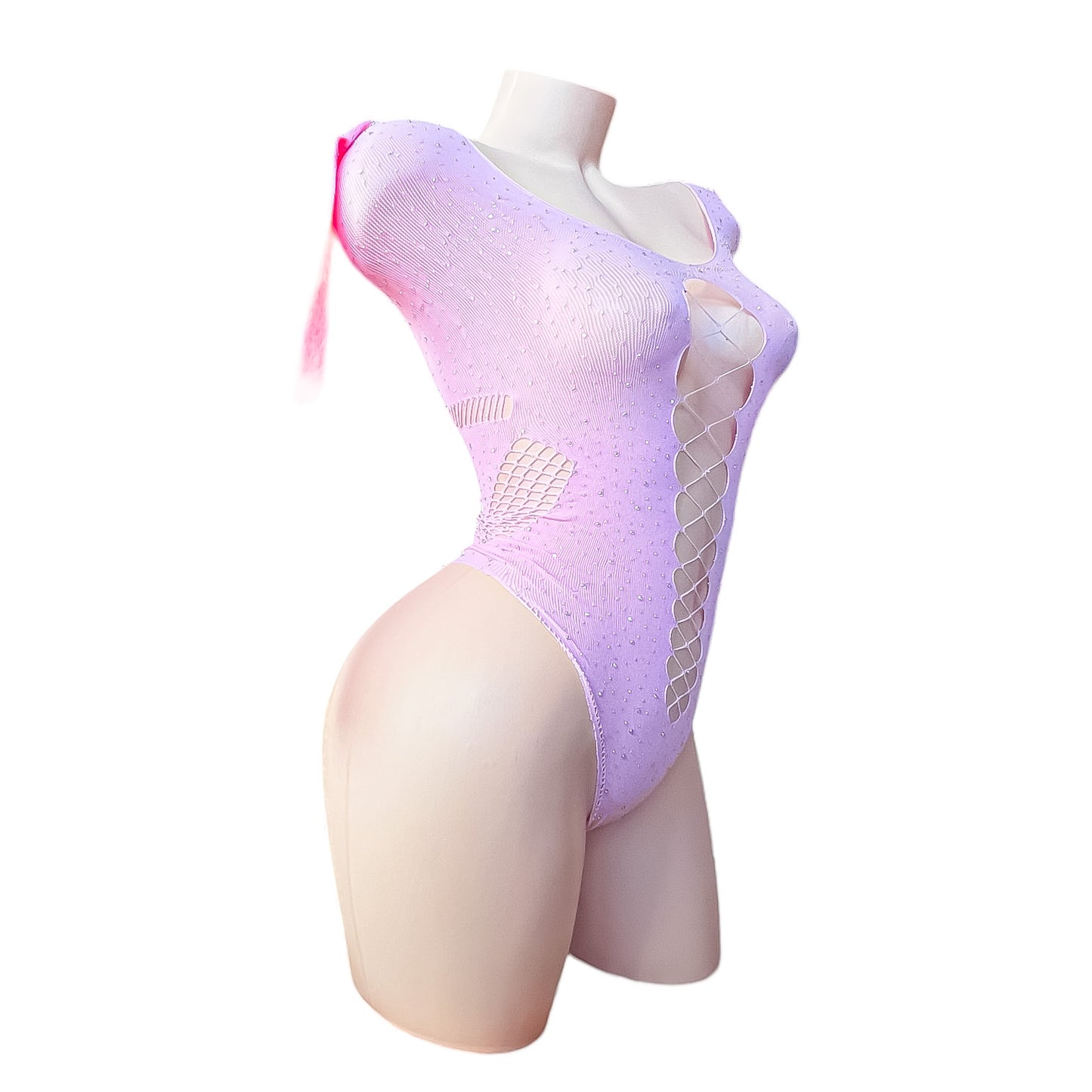 Pastel Pink Rhinestoned Fishnet Bodysuit with Cutouts - EXOTIC DANCEWEAR