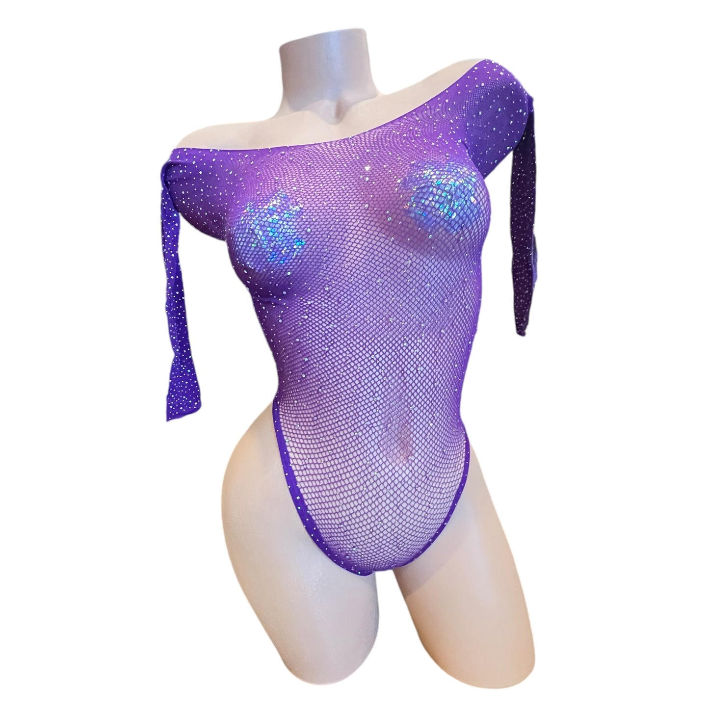 Purple Rhinestoned Fishnet Bodysuit - EXOTIC DANCEWEAR