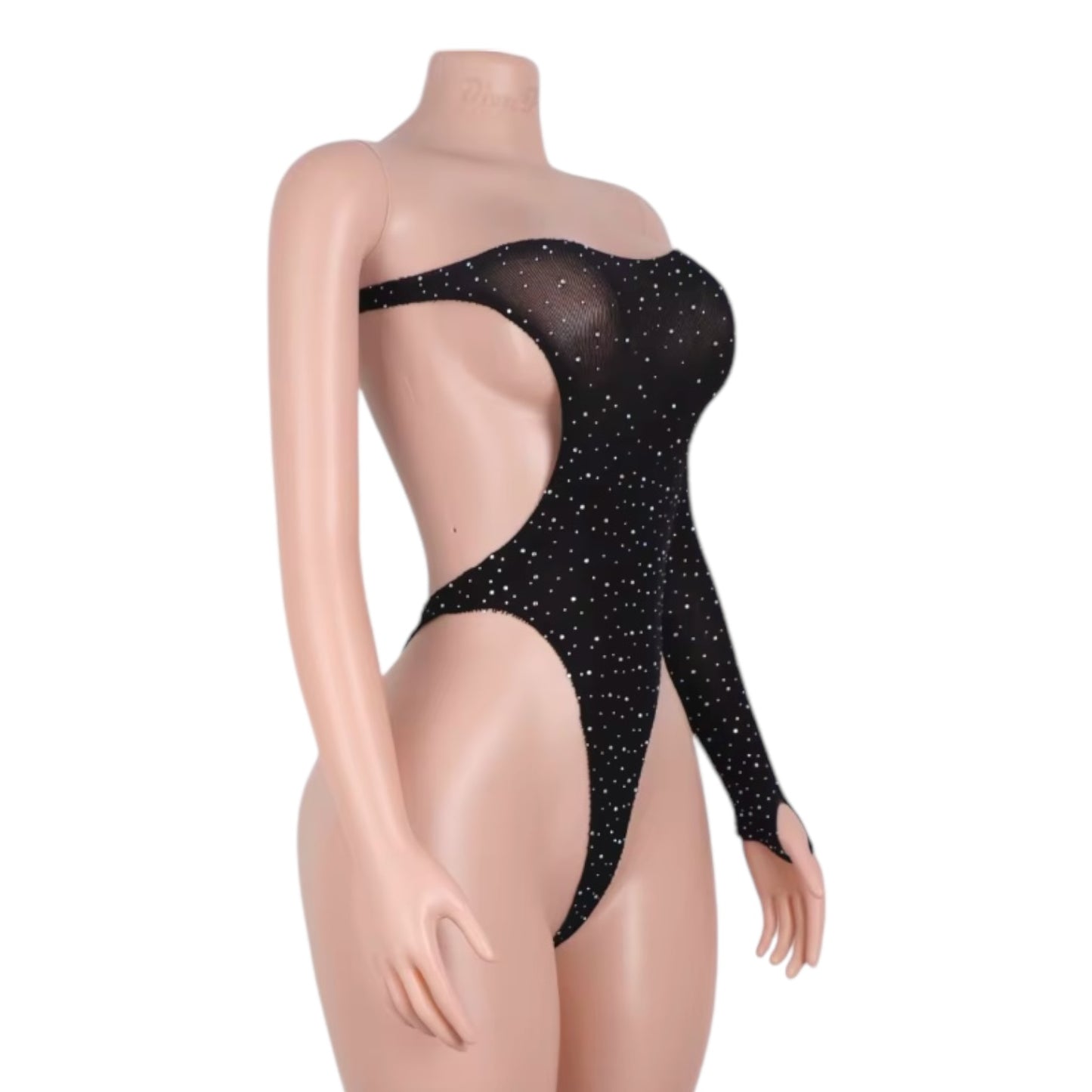 Black One Sleeve Cut out Rhinestoned Fishnet Bodysuit - EXOTIC DANCEWEAR