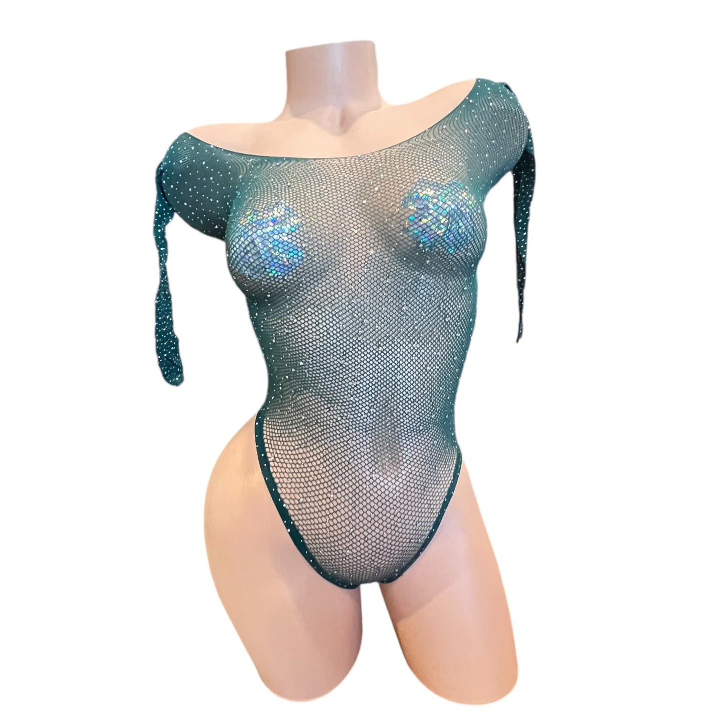 Hunter Green Rhinestoned Fishnet Bodysuit - EXOTIC DANCEWEAR