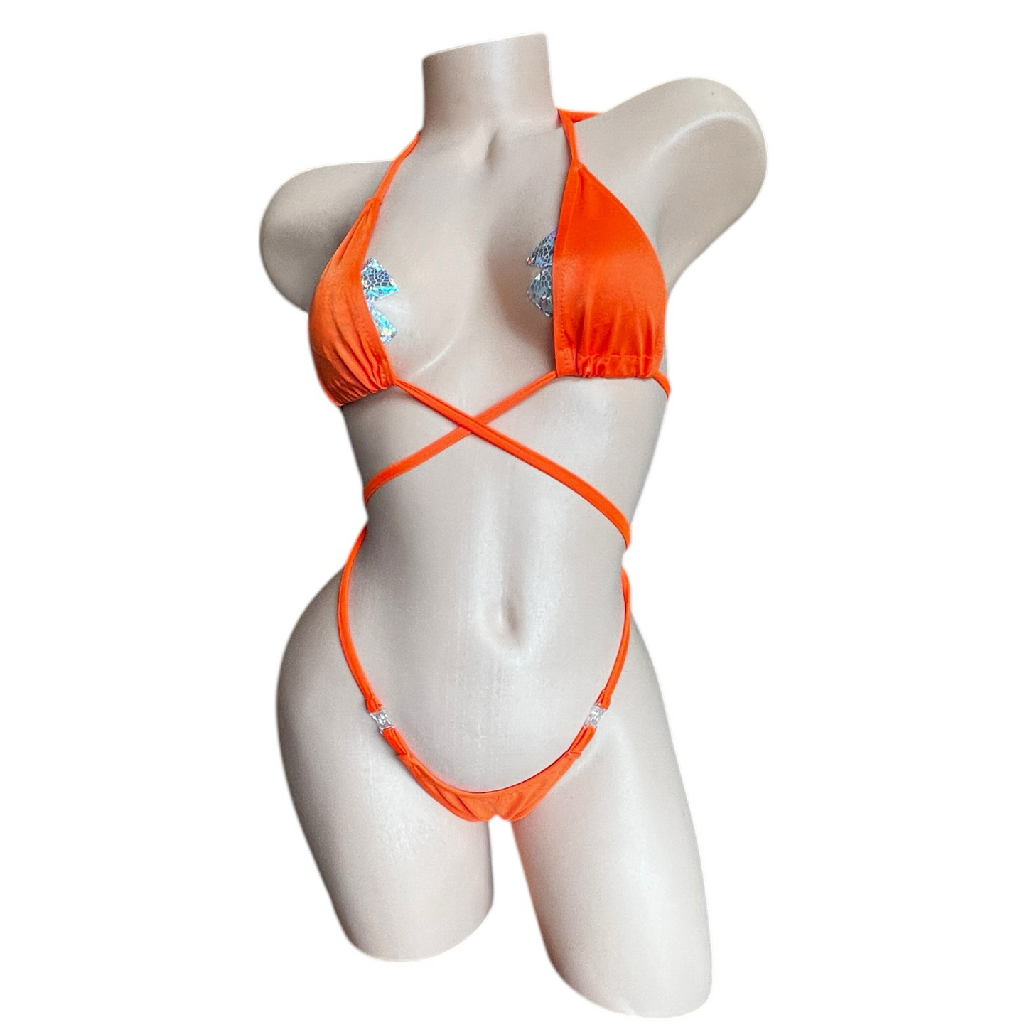 Basic Orange G String Thong Bikini Set with Clear Plastic Quick Removal Clasps - Microkini - EXOTIC DANCEWEAR
