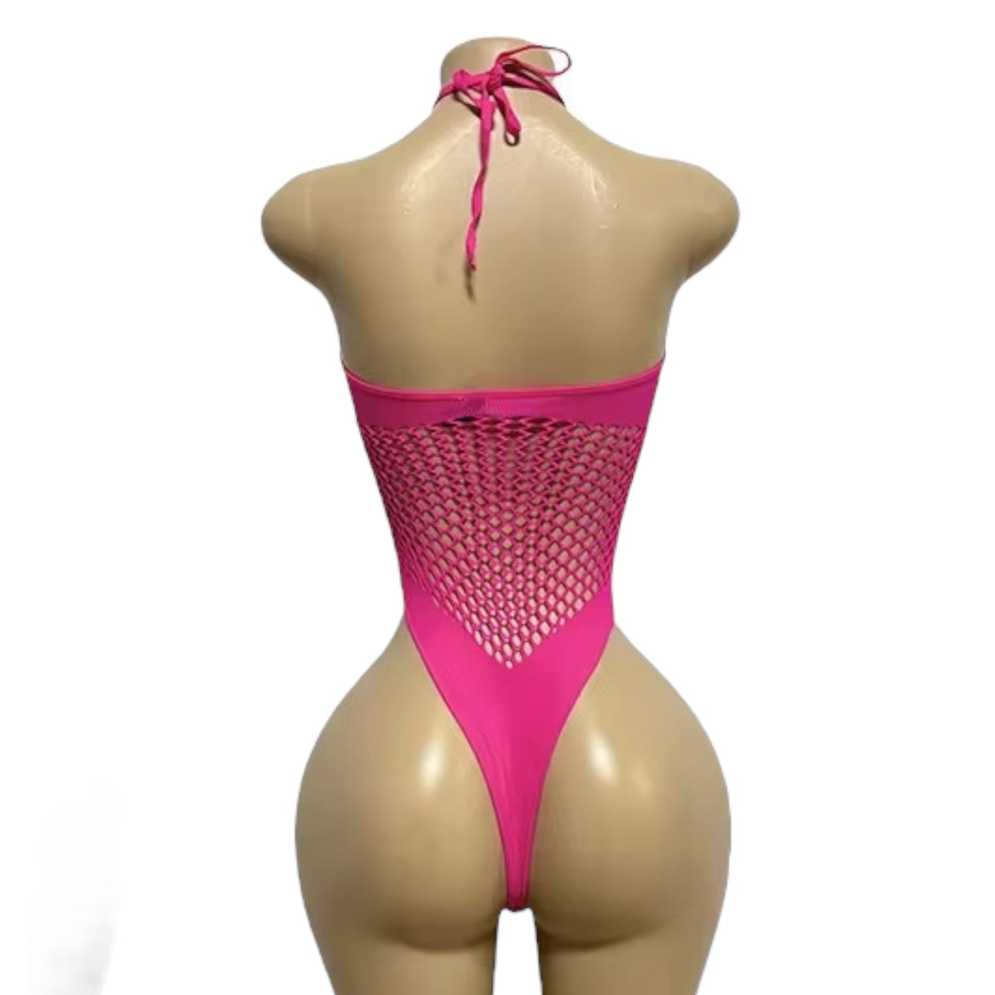 Hot Pink Halter Keyhole Fishnet Bodysuit - EXOTIC DANCEWEAR