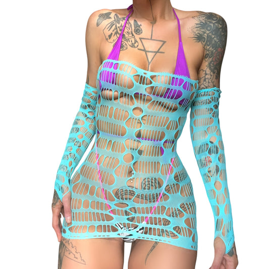 Teal Blue Strapless Fishnet Cutout Dress with Matching Gloves - EXOTIC DANCEWEAR - RAVEWEAR