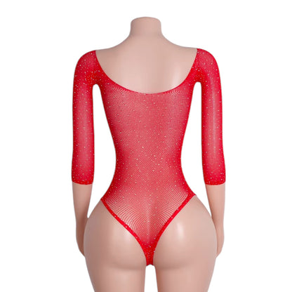 Cherry Red Rhinestoned Fishnet Bodysuit - EXOTIC DANCEWEAR