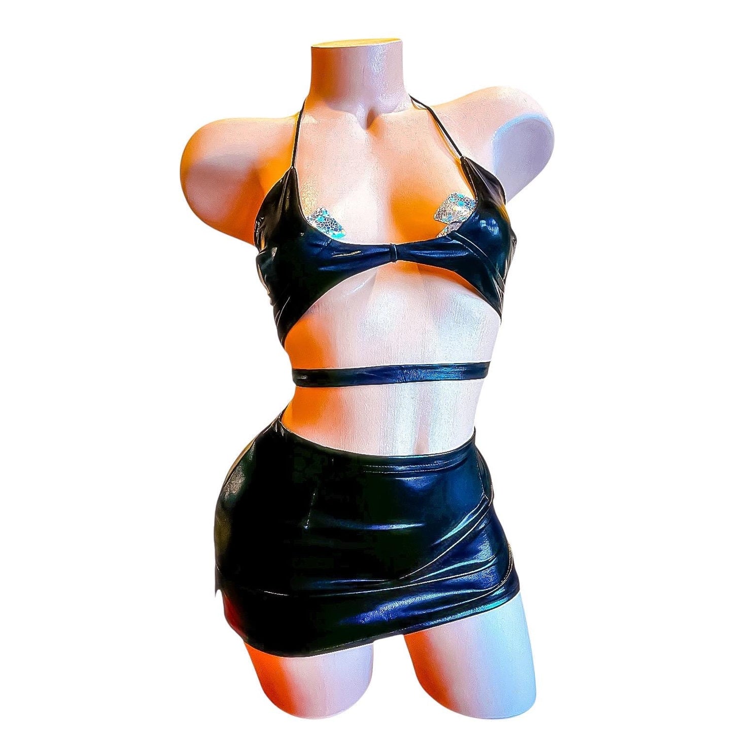 Black Faux Vegan Leather Skirt Set - EXOTIC DANCEWEAR