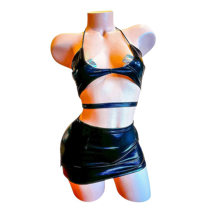 Black Faux Vegan Leather Skirt Set - EXOTIC DANCEWEAR