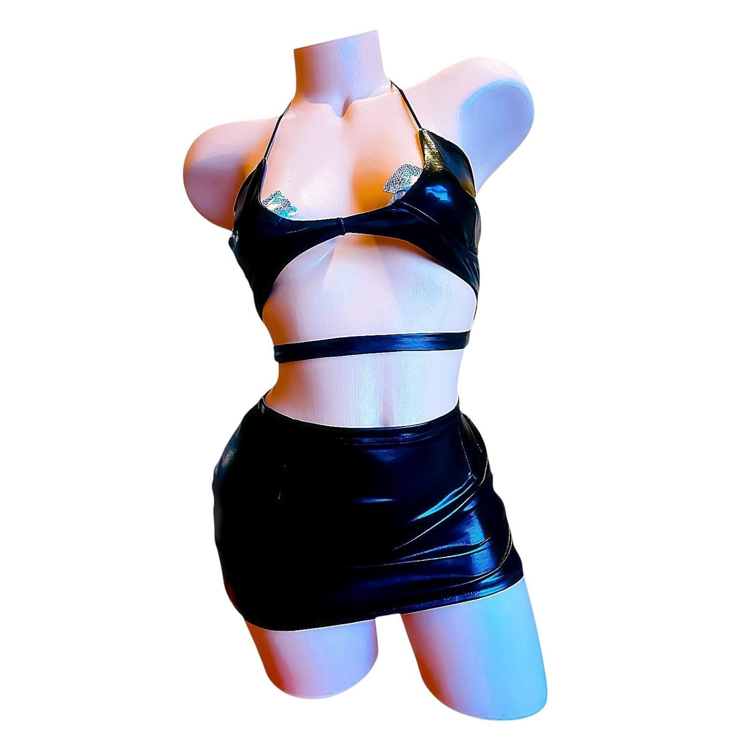 Black Faux Vegan Leather Skirt Set - EXOTIC DANCEWEAR