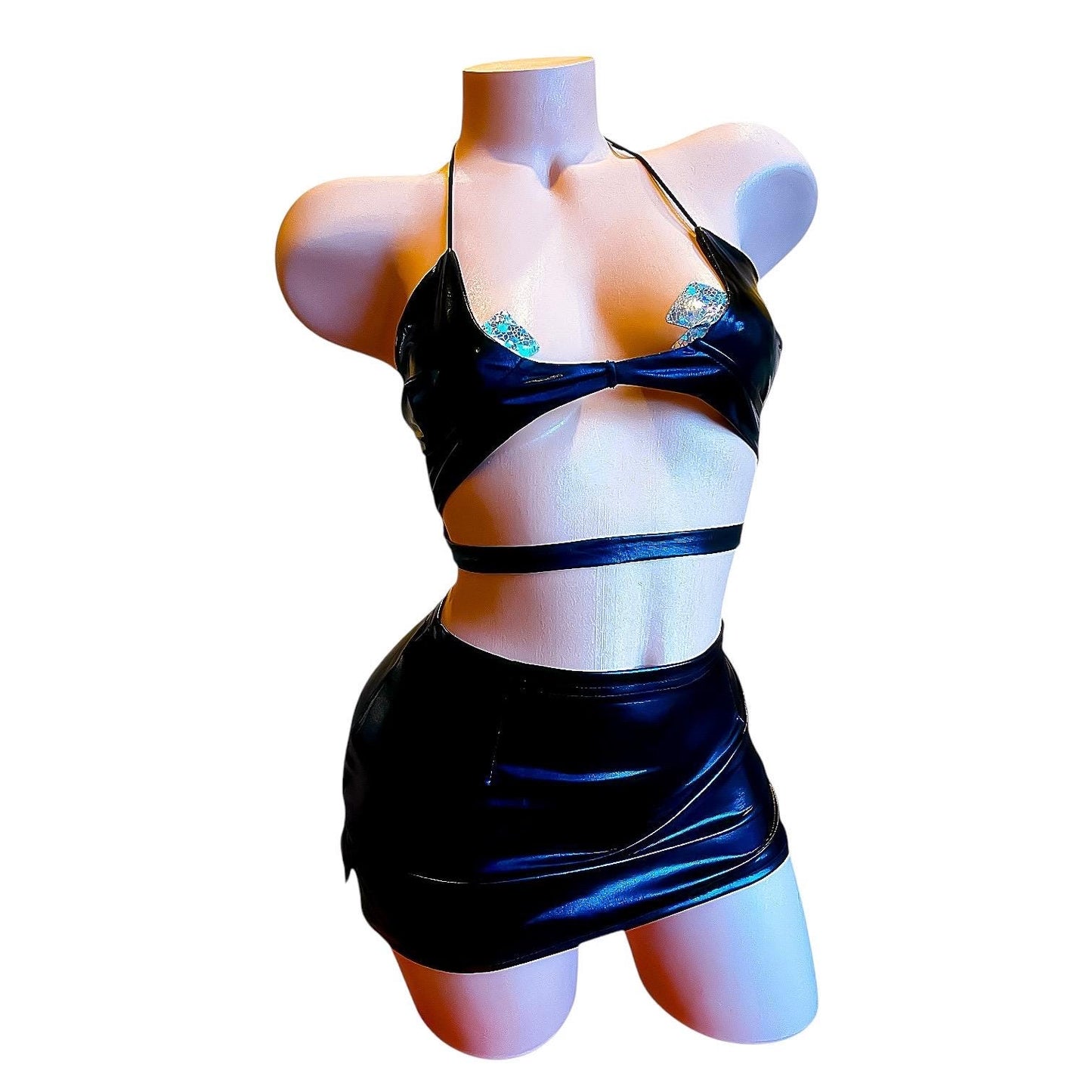 Black Faux Vegan Leather Skirt Set - EXOTIC DANCEWEAR