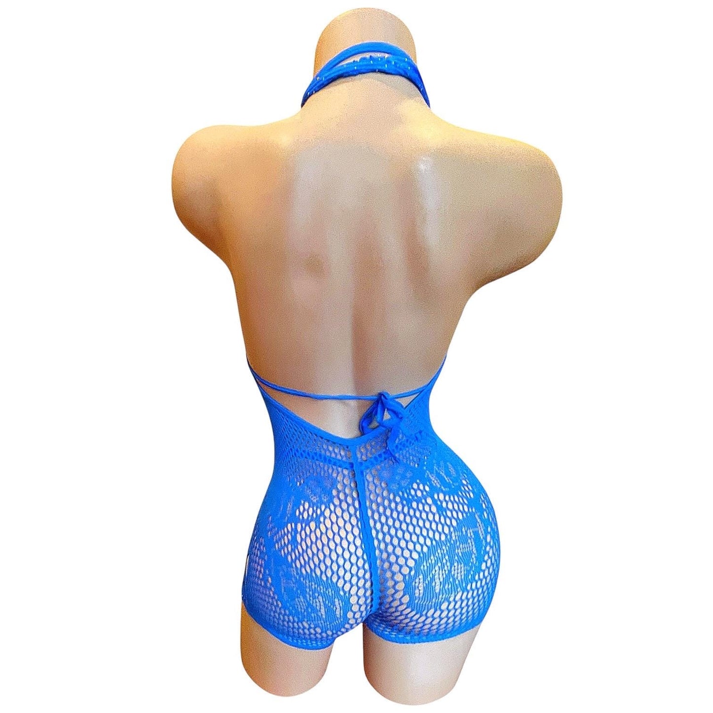 Royal Blue Mesh Rhinestoned Halter Shorts Bodystocking with Matching Bikini - EXOTIC DANCEWEAR