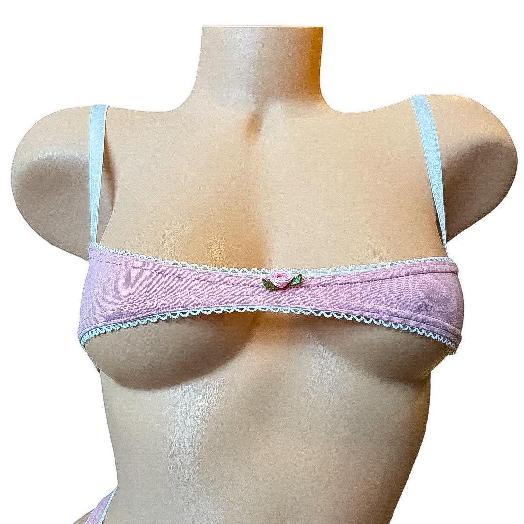 Mauve pink  thong bikini with white lace + roses - exotic dancewear