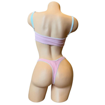 Mauve pink  thong bikini with white lace + roses - exotic dancewear
