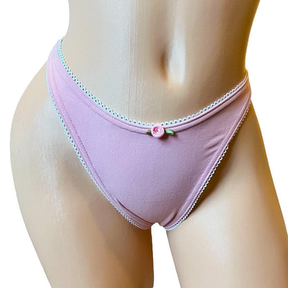 Mauve pink  thong bikini with white lace + roses - exotic dancewear