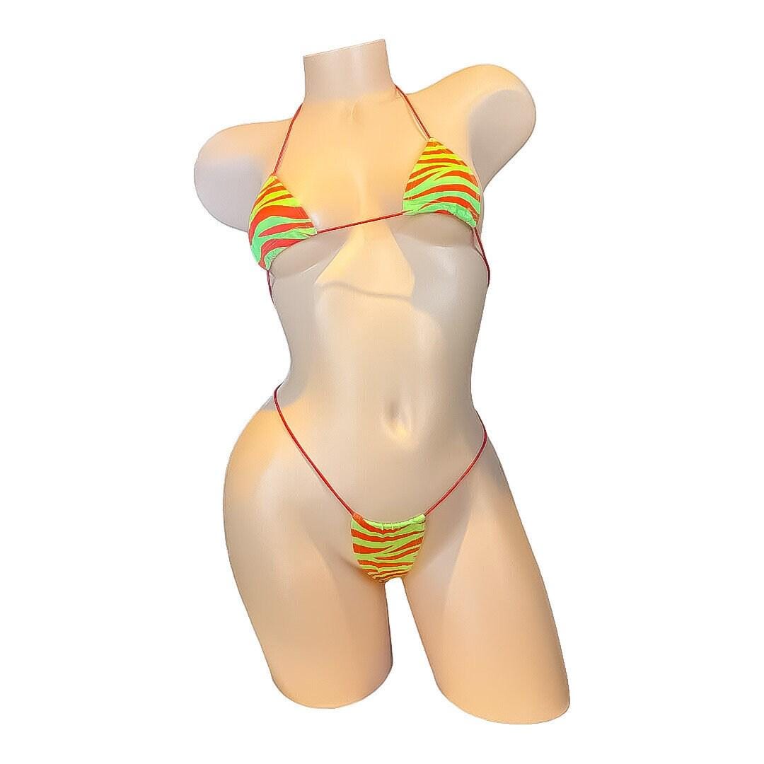 Red and lime green zebra print microkini - exotic dancewear