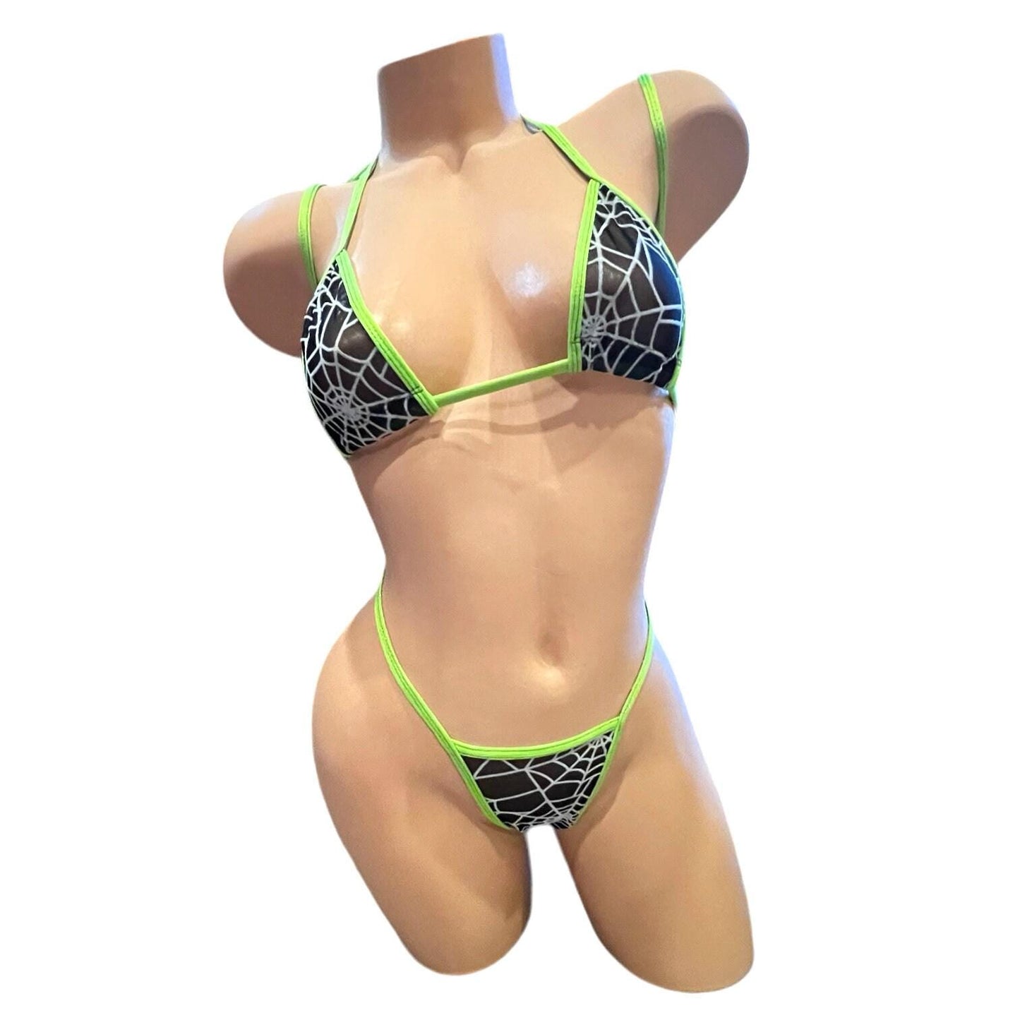 Spider Web Slingshot G-String Bikini with Lime Green Trim - EXOTIC DANCEWEAR
