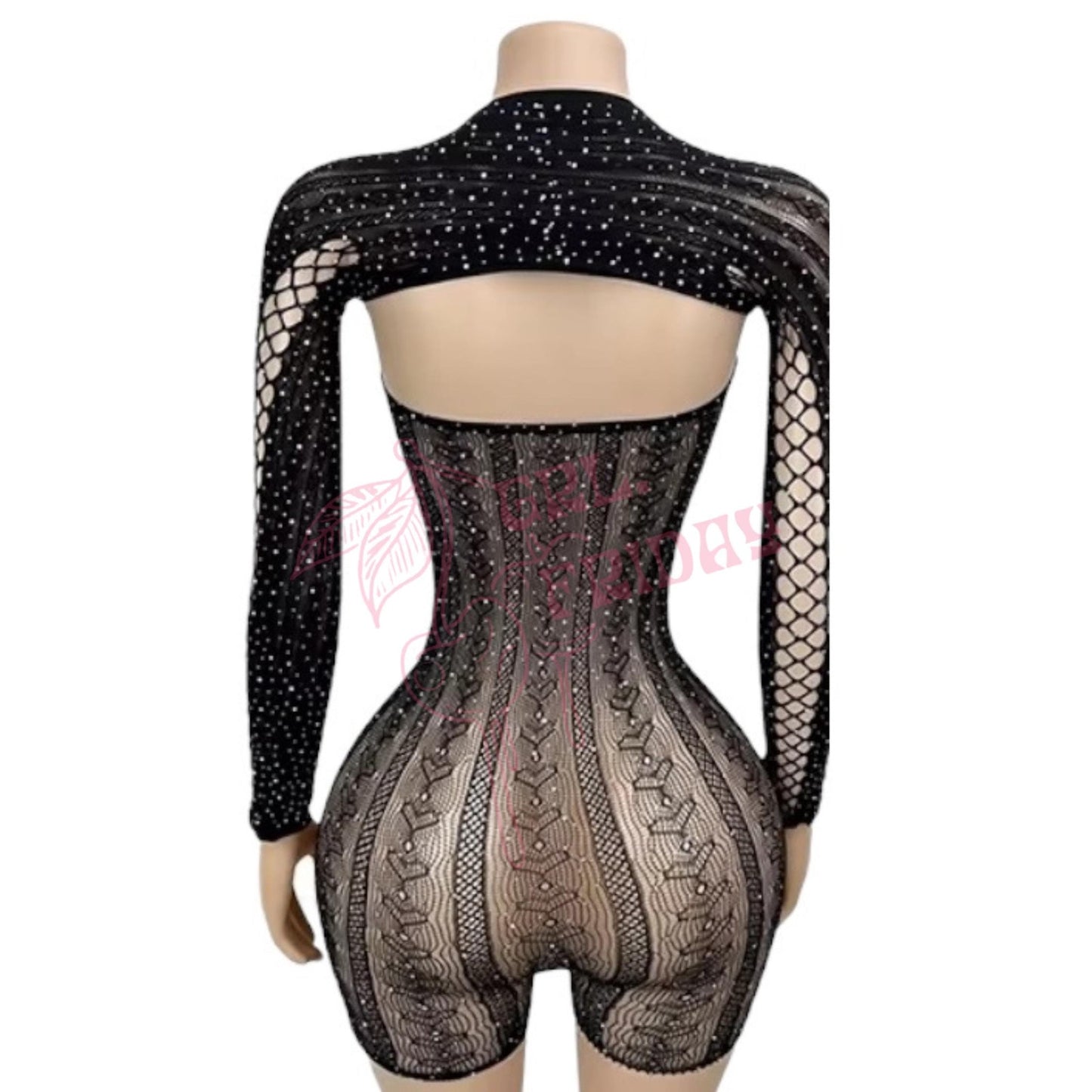 Black Rhinestoned Lace Up Sheer Mesh Fishnet Strapless Romper with Long Sleeve Shrug - EXOTIC DANCEWEAR