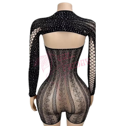 Black Rhinestoned Lace Up Sheer Mesh Fishnet Strapless Romper with Long Sleeve Shrug - EXOTIC DANCEWEAR