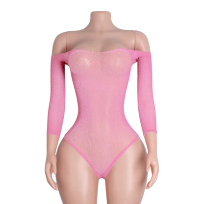 Pastel Pink Rhinestoned Fishnet Bodysuit - EXOTIC DANCEWEAR