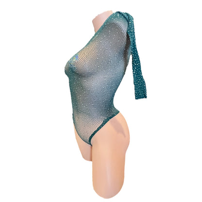 Hunter Green Rhinestoned Fishnet Bodysuit - EXOTIC DANCEWEAR