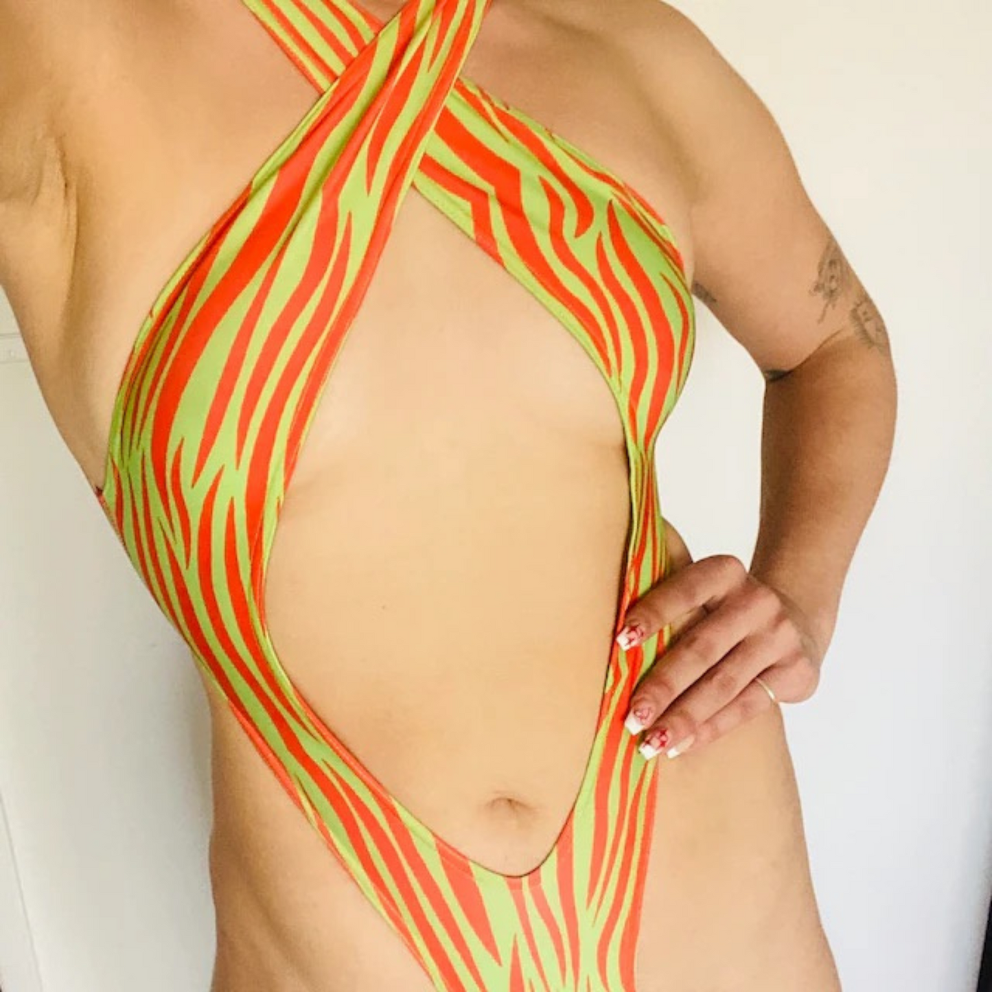 Criss-Cross Thong Monokini - Lime + Red ZEBRA Print - EXOTIC DANCEWEAR